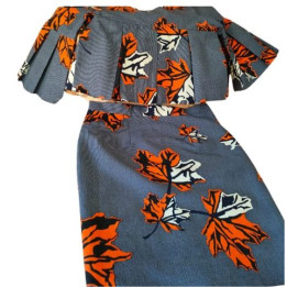 Grey Two-Piece Skirt and Top with Orange Floral Finish