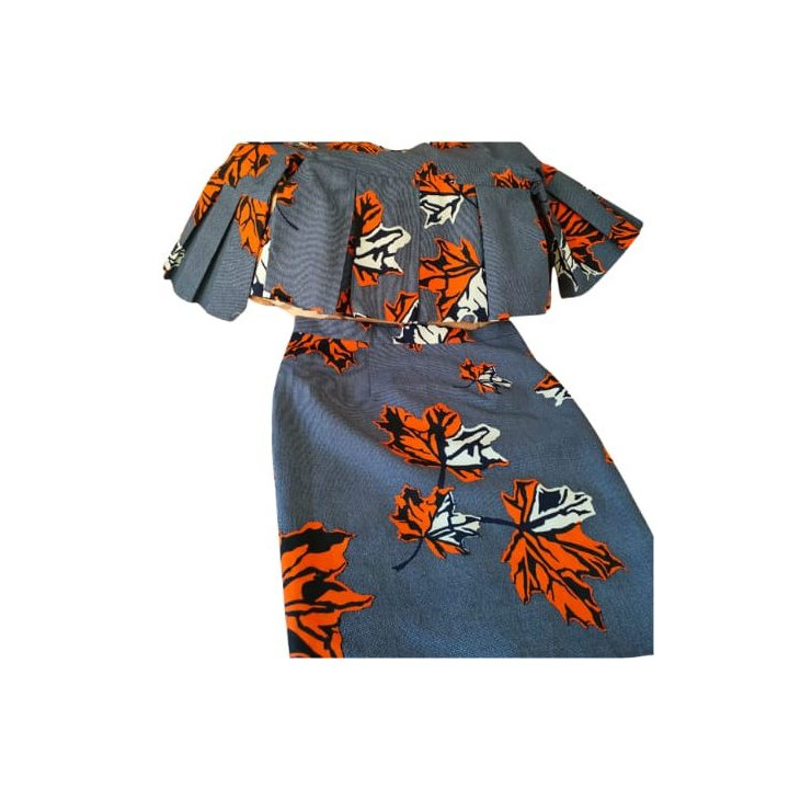 Grey Two-Piece Skirt and Top with Orange Floral Finish