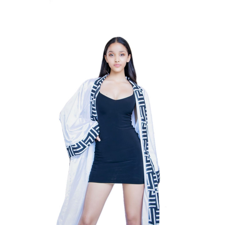 White Kimono with Black and White African Trim