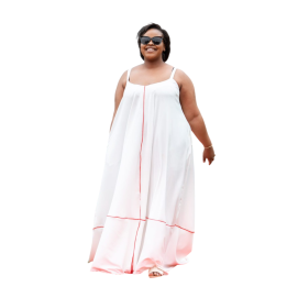 Maxi Dress: Pearl White with Red Piping