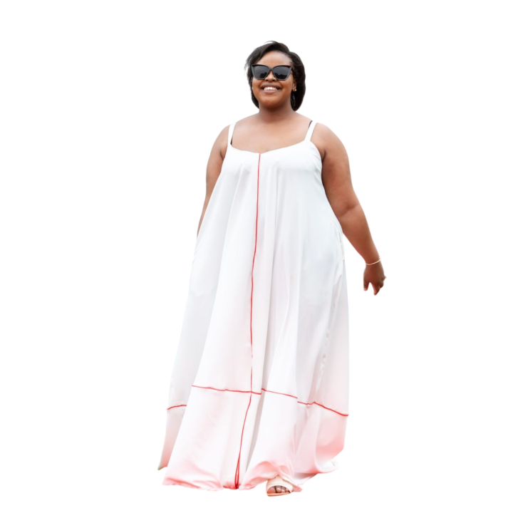 Maxi Dress: Pearl White with Red Piping