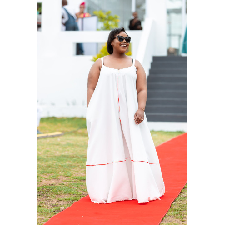 Maxi Dress: Pearl White with Red Piping