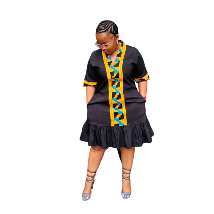 Dress: Black with African Print Trimming