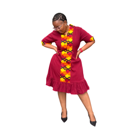 Dress: Maroon with Print Trimming
