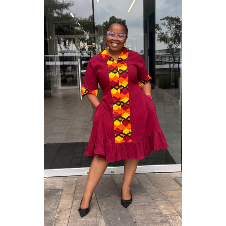 Dress: Maroon with Print Trimming