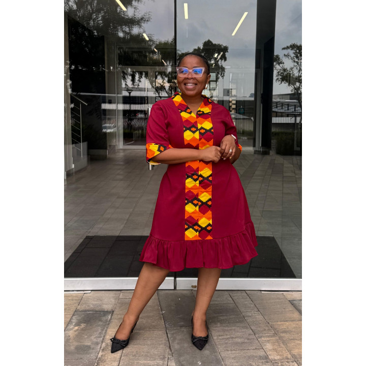 Dress: Maroon with Print Trimming