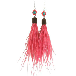 Coral Pink & turquoise ostrich feather earring