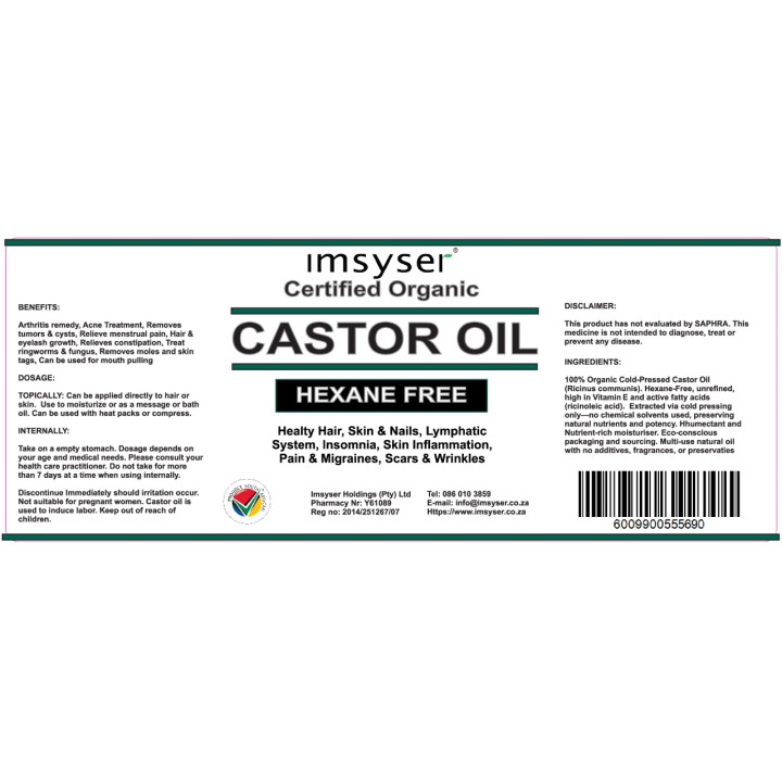 Imsyser Cold-Pressed Organic Castor Oil - Hexane Free - 200 ml