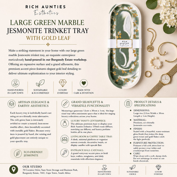 Rich Aunties Esthetics - Trinket Tray Green Marble Gold Leaf Large