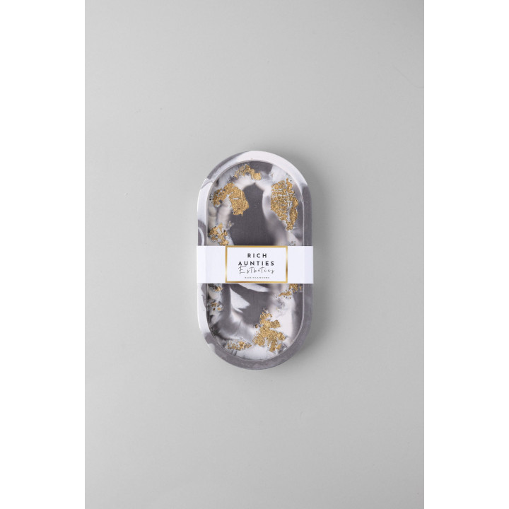 Rich Aunties Esthetics - Trinket Tray Grey Marble Gold Leaf Small