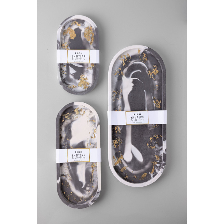 Rich Aunties Esthetics - Trinket Tray Grey Marble Gold Leaf Large
