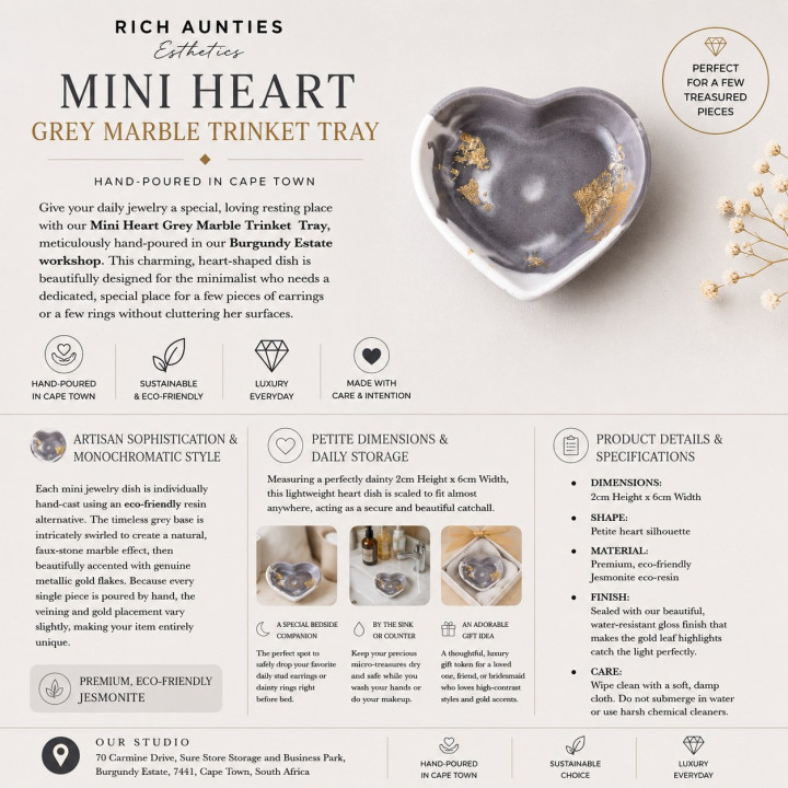 Rich Aunties Esthetics - Mini Heart Trinket Tray Grey Marble Gold Leaf