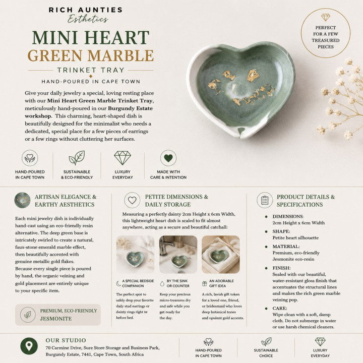 Rich Aunties Esthetics - Mini Heart Trinket Tray Green Marble Gold Leaf