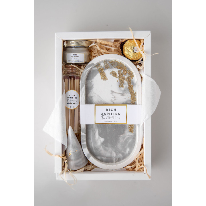 Rich Aunties Esthetics - Trinket Tray Gift Set Grey Marble Gold Leaf Small