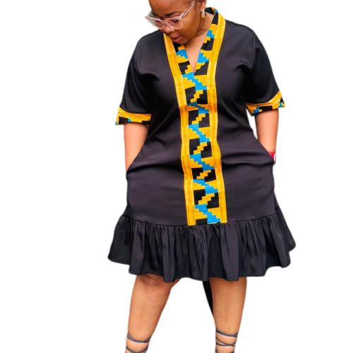 Dress: Black with African Print Trimming