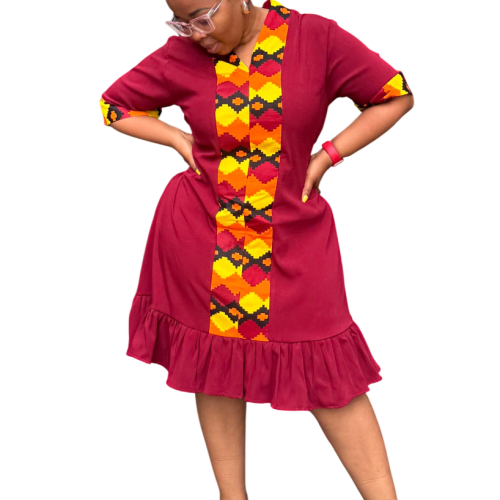 Dress: Maroon with Print Trimming