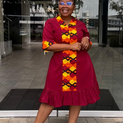 Dress: Maroon with Print Trimming - Image 4