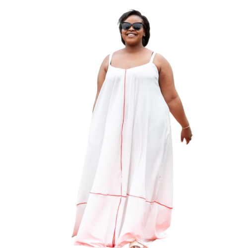 Maxi Dress: Pearl White with Red Piping - Image 1